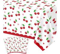 4 Packs Cherry Tablecloth Fruit Themed Table Cloths Spring Floral Plastic Tablecloth for Birthday Party Baby Shower Bridal Shower Cherry Birthday Decorations Fruit Theme Party Supplies 51 x 86 IN