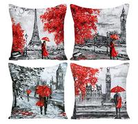 4 Packs Decorative Throw Pillow Covers 18x18 Inches Black & Red Color Eiffel Tower & Big Ben Lovers Pillow Case Cushion Cover for Sofa, Living Room, Bedroom, Set of 4