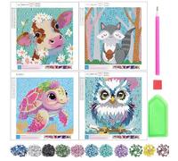 4 Packs Diamond Painting Kits, 5D Diamond Art Kits for Kids, Cute Animals DIY Diamond Full Drill Art Kits, Turtle Owl Cow Squirrel Gem Painting Easy Art Craft Kit for Girls Boys Adult Gift Home Decor