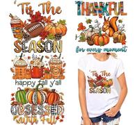 4 Packs Fall Iron on Transfers Thanksgiving Iron on Patches for T-Shirt Autumn Pumpkin Squirrel Maple Leaf Design Heat Transfer Vinyl Iron on Decals for Holiday Costume Clothes Pillow Hoodie DIY Craft