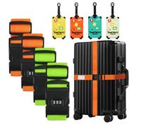 4 Packs Luggage Suitcase Straps Set and 2pcs Tags, Lockable Suitcase Belt Strap Accessories 200*5cm for 10-34in Suitcase, Adjustable Thickened Luggage Belt, Luggage Identifier (2 Lockable +2 Unlocked)