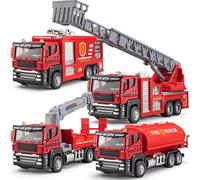 4 Packs Metal Fire Trucks Playsets, Mini Friction Powered Vehicle, Including Fire Engine, Ladder Fire Trucks, Die-cast Fire Tank, Tow, Realistic Design for Toddlers Boys, Kids Aged 3+ Years Old