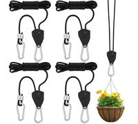 4 Packs Rope Ratchets, 1/8 inch Rope Pulley Ratchet Hangers, Heavy Duty Adjustable Grow Light Ratchet Ropes Hangers with Carabiner Hook, 6.5-ft Long & 150 lbs Capacity