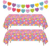 4 Packs Valentines Tablecloth Banner 2 Colorful Love Heart Table Cover Mothers Day Tablecloth 2 Heart Garland Valentine's Day Banners for Wedding Anniversary Valentines Day Decorations 51 x 86 IN