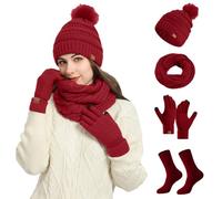 4 Packs Women Winter Hat Scarf Gloves Socks Set, Fleece Lined Beanie Hat with Ear Covers Warm T0uch Screen Gloves Long Knit Scarf Warmer Stocking for Girls Winter Accessories Cold (Red, One Size)