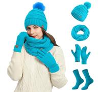 4 Packs Women Winter Knitted Hat Scarf Gloves Socks Set Fleece Lined Beanie Hat Covers Warm Touch Screen Gloves Long Knit Scarf Warmer Stocking for Girls Winter Accessories Cold Weather Sports Outdoor