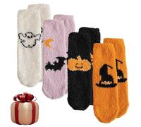 4 Pair Halloween Fluffy Socks - Pumpkin, Bat, Ghost Cartoon Socks for Winter Festival Party