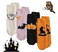 4 Pair Halloween Fluffy Socks, Warm & Soft Funny Socks, Pumpkin Ghost Bat Novelty Socks, Cozy Halloween Gifts, Cute Halloween Socks for Party, Fluffy Hallo/ween So/cks(Black + White + Orange + Pink)