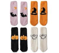 4 Pair Halloween Socks Warm Fleece,Halloween Fluffy Socks with Pumpkin, Bat, Ghost Cartoon As Gifts for Womens and Girls,Cosy Fluffy Fuzzy Crew Socks Designs Holiday Festival Accessories