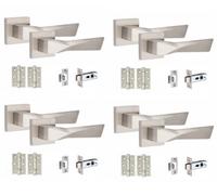 4 Pair Modern Aura Design Satin Nickel Internal Door Handles Square Rose 3" Ball Bearing Hinges And Tubular Latch - Golden Grace