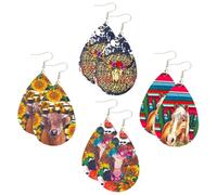 4 Pair Vintage PU Leather Teardrop Drop Dangle Earrings for Women | Leopard Print Highland Cow Design, Ear Hooks Included, Lightweight Comfortable Wear, Four Pairs