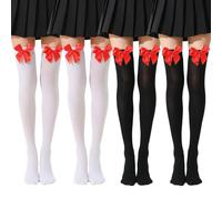 4 Pair White Knee High Socks with Red Bow | Knee High Socks White and Black - Stretch Velvet for All-Day Comfort,Stylish and Versatile for Women Ladies Halloween,Fancy Dress,Xmas,Valentine's Day