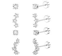 4 Pairs (2 Styles) Silver-Plated Zirconia Flat Back Stud Earrings - Hypoallergenic Screw Back Helix Earrings for Women, Comfortable Push-in Earring Backs for Everyday Wear & Special Occasions
