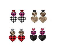 4 Pairs Acrylic Earrings for Women Girls, Plaid Leopard Print Sequin Heart Acrylic Earrings Set Gift Creative Unique Earring Jewelry Set for Dailywear Party Decor