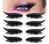 4 Pairs Black 2 IN 1 Fake Eyelashes Stickers, Stickers with Eyelash for Eyes Reusable Adhesive Eyelash Outline Winged Quick Easy Application for Make Up