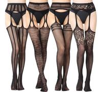 4 Pairs Black Sheer Thigh-High Stockings with Attached G-Strings - Vertical Striped Mesh, Geometric Diamond Lace, Dotted Mesh Floral Trim & Intricate Floral Lace Patterns, Reinforced Toe & Heel,