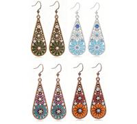 4 Pairs Bohemian Crystal Teardrop Dangle Earrings, Copper, Tribal Geometric Design, Colorful Enamel Flower Hook, Handmade National Style for Women