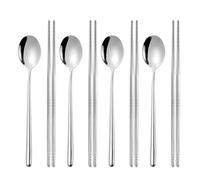 4 Pairs Chopsticks and Spoons Set,Stainless Steel Chopsticks Spoons,Reusable Silver Metal Flat Long Handle Chopstick Spoon Set,Dishwasher Safe,Picnic Cutlery for Ramen,Korean BBQ and Home Dinner