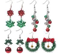 4 Pairs Christmas Earrings Set for Women Cute Xmas Ribbon Bow Wreath Jingle Bell Red Green Festive Dangle Earring Christmas Holiday Jewelry Party Gifts