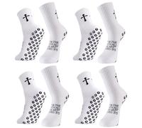 4 Pairs Cross Grip Soccer Socks Anti Slip Christian Socks with Bible Verse Jesus Sock for Football Tennis Yoga Gym, White, 6-8.5 UK