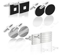 4 Pairs Cuff Links Mens, Silver Cufflinks for Men Classic Mens Cufflinks With Square, Round Striped Designs, Ideal for Business Meetings, Graduation Ceremonies Dinner Parties Formal Occasion