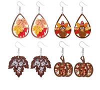 4 Pairs Fall Thanksgiving Drop Dangle Earrings for Women Lightweight Autumn Wooden Teardrop Earrings Cute Colorful Pumpkin Maple Leaf Sunflower Turkey Earrings, L, Zinc, unkown