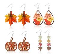 4 Pairs Fall Thanksgiving Earrings for Women Autumn Red Maple Leaf Earrings Wood Pumpkin Shape Dangle Ear-rings Thanksgiving Celebration Party Holiday Jewelry Gifts for Her, Acrylic, No Gemstone