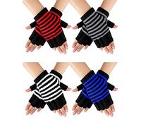 4 Pairs Fingerless Gloves Unisex Half Finger Striped Knit Stretchy Winter Gloves for Women Men Cold Weather(Striped Style)