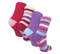 4 Pairs Girls Warm Fluffy Bed Non Slip Socks | Stripes, Spots & Hearts Patterned Cosy Lounge Socks For Kids (11-14 Years, Plain & Stripes)