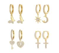 4 Pairs Gold/Silver Hoops Earrings for Women, Hoop Earrings with Cubic Zirconia, Lightweight Open Hoops Earrings, Star & Moon/Cross/Butterfly/Heart Dangle Earrings, Gift for Women Girls (Gold)