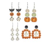 4 Pairs Halloween Dangle Drop Earrings for Women Lightweight Acrylic Resin Wood Wooden Ghost Pumpkin Waterdrop Earrings Set Halloween Themed Jewelry Gifts for Halloween Party Costume Accessories