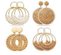 4 Pairs Handmade Raffia Rattan Bohemian Round Drop Dangle Earrings for Women, Boho Statement Cute Fun Hoop Earrings Set, 2.0 Inches Diameter, Rattan Metal, No Gemstone