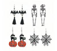 4 Pairs Hypoallergenic Halloween Stud Earrings Set for WomenHalloween Jewelry Fall Earring Set Teens Cute Pumpkin Spider Bat Black Cat Ghost Witch Candy Spooky Earrings, One Size, Metal, No Gemstone