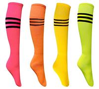 4 Pairs Knee High Socks, Fit for Size 6-10, Triple Striped Roller Skate Socks High Witch Knee Socks Colorful Skating Athletic, Black Triple Striped(yellow/Pink/Orange/Green), 4.5-9 UK