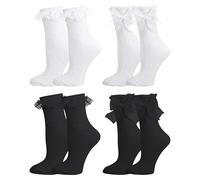 4 Pairs Lace Ankle Socks for Women,Lolita Ribbon Fairy Ruffle Cotton Ballet Frilly Socks Princess Style for Girls (Black, White)