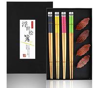 4 Pairs Natural Wood Chopsticks with Luxurious Black Box, Leaf shapes Eco-Friendly Japanese Chopsticks Rests & Holder set, Washable for Dishwasher Chinese Tableware Set for Sushi Noddles Ramen Rice