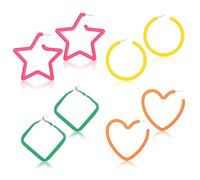 4 Pairs Neon Earrings, Retro Acrylic Large Hoop Earrings 80s 90s Accessories Classic Colorful Fluorescent Stud Earring Pendant for Women Outfit Glow Party Halloween Neon