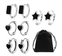 4 Pairs Of Black Huggie Earrings Set, Comes With 1 Storage Bag,Heart Earrings,Hoop Earrings For Women ,Silver Earrings,Copper Earrings,Heart, Rectangular, And Five-Pointed Star Styles, Unisex.