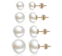 4 Pairs Pearl Stud Earrings 14K Plated Gold Hypoallergenic Earring stud Flat Round Large size pearl 8mm-14mm Set Earrings for women, Large, Created Pearl, Created Pearl