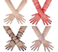 4 Pairs Polka Dot Lace Long Gloves Vintage Tulle 27.5 Inch Elbow Length Tea Party Gloves for Women Elegant Semi Sheer Decor for Wedding Bridal Dress Accessories Halloween Costume, Grey, Beige White,