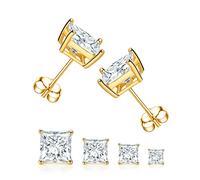 4 Pairs Real Gold Plated Square Stud Earring Set, Princess Cut Clear Cubic Zirconia Hypoallergenic Earrings Pack for Women and Men, 4mm 5mm 6mm 7mm, Cubic Zirconia, Cubic Zirconia