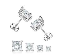 4 Pairs Real Gold Plated Square Stud Earring Set, Princess Cut Clear Cubic Zirconia Hypoallergenic Earrings Pack for Women and Men, 4mm 5mm 6mm 7mm, Cubic Zirconia, Cubic Zirconia