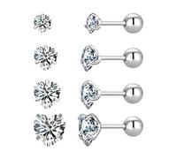 4 Pairs Screw Back Star Heart Square Round Stud Earrings Set, 18K Gold Plated Surgical Stainless Steel Cubic Zirconia Stud Earrings 3-6mm (Silver Heart CZ)