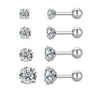 4 Pairs Screw Back Star Heart Square Round Stud Earrings Set, 18K Gold Plated Surgical Stainless Steel Cubic Zirconia Stud Earrings 3-6mm (Silver Round CZ)