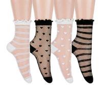 4 Pairs Sheer Lace Socks Women, Heart Striped Ruffle Ankle Socks, Cute Thin Lace See Through Sock, Clear Black White Lacy Sock for Women Girls, for Halloween Costume or Daily Clothing Accessories