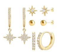 4 Pairs Silver Dangle Hoop Earrings for Women, Trendy Chain Huggie Earrings for Multiple Piercing, Cartilage Conch Studs Small Double Hoops Jewelry Gifts, 6/8/10mm, Gold, Cubic Zirconia