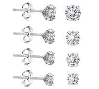 4 Pairs Silver Stud Earrings for Women - Stainless Steel Silver Studs Earrings Set - Hypoallergenic Cubic Zirconia Small Earring 3mm 4mm 5mm 6mm - Classic Round Cut Sleeper Stud for Sensitive Ears