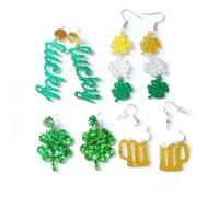 4 Pairs St. Patrick's Day Earrings Set Glitter Green Lucky Clover Acrylic Dangle Earrings Handmade Irish Shamrock Rainbow Cat Dog Beer Wood Dangle Drop Earrings for Women Holiday Jewelry, Resin Wood