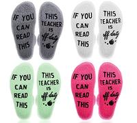4 Pairs Teacher Cozy Fuzzy Socks for Women, Funny Teacher's Gift If You Can Read This Teacher is Off Duty Warm Slipper Socks, Rose Red, Gray, Green, White, One Size