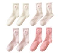 4 Pairs Thick Bow Slipper Socks Soft Fuzzy Crew Socks Fluffy Winter Warm Ankle Sock Cute Home Sleeping Sock Gradient Pink